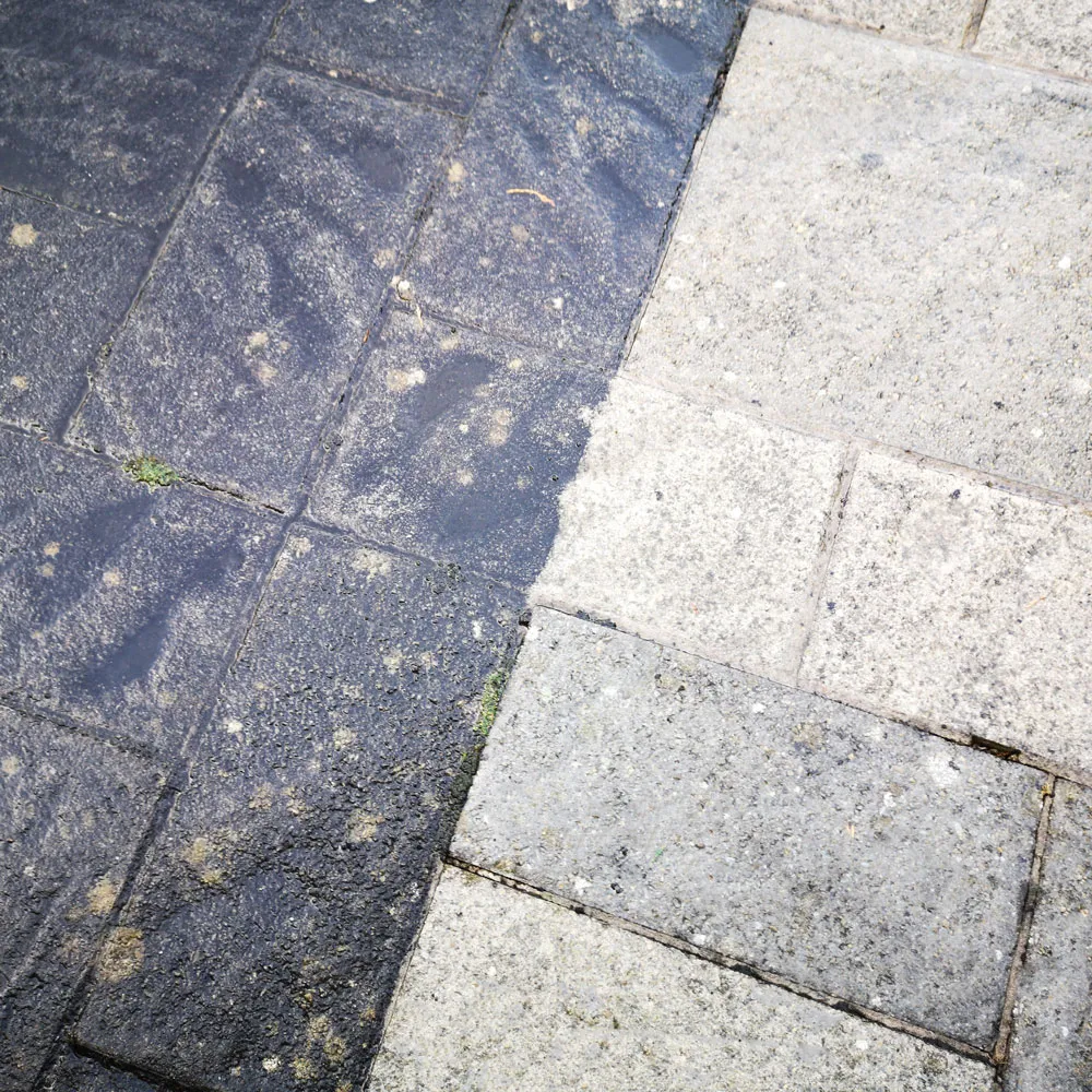 Before and after images of an patio cleaned by Veteran Cleaners in Arlington, VA.