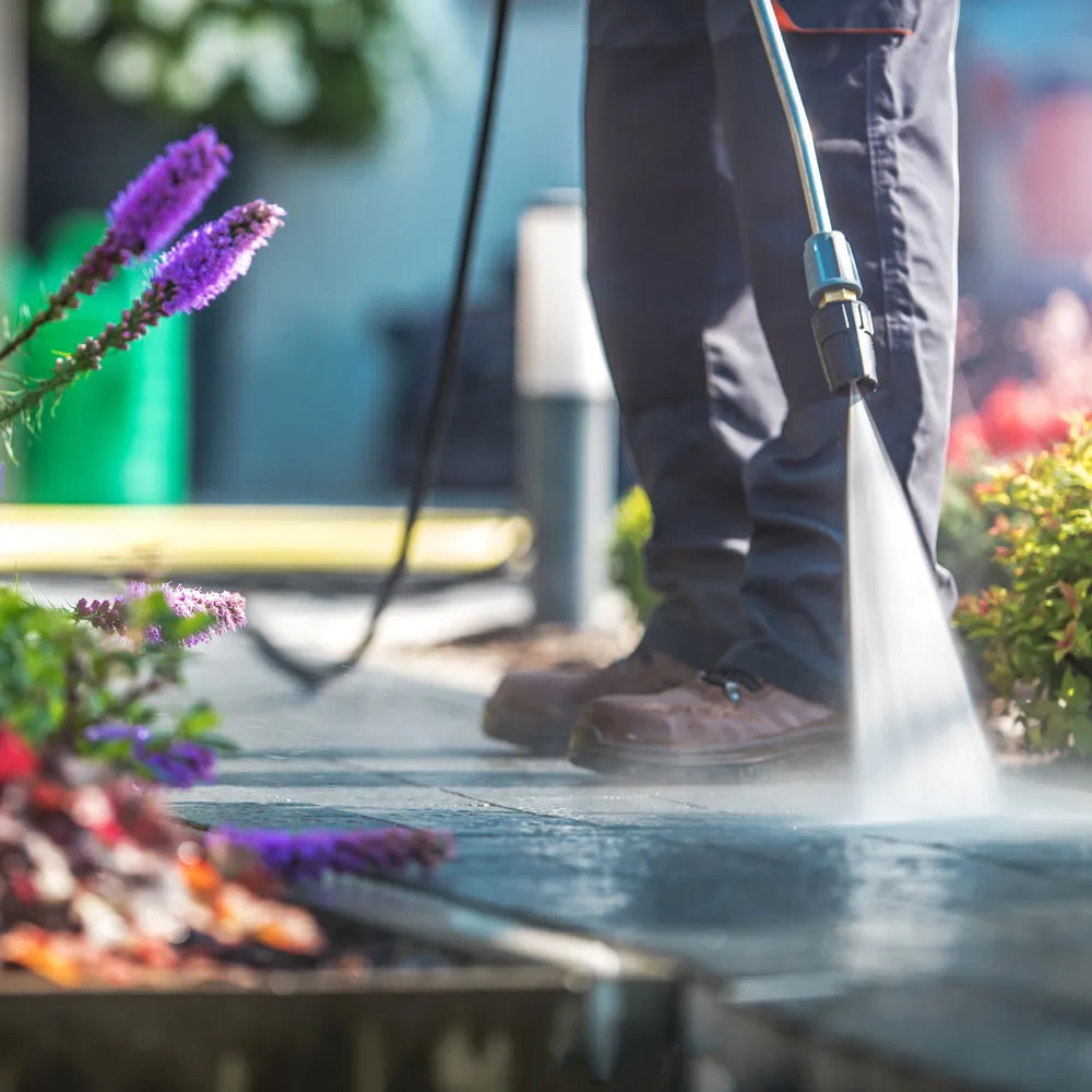 A professional window cleaners also doing pressure washing.